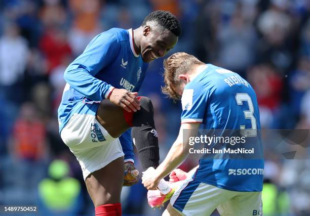 Fashion Sakala and Ridvan Yilmaz of Rangers FC celebrate after the team's victory during the Cinch Premiership match between Rangers and Celtic at...