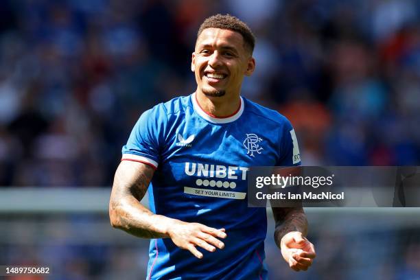 James Tavernier of Rangers FC celebrates after the team's victory during the Cinch Premiership match between Rangers and Celtic at Ibrox Stadium on...