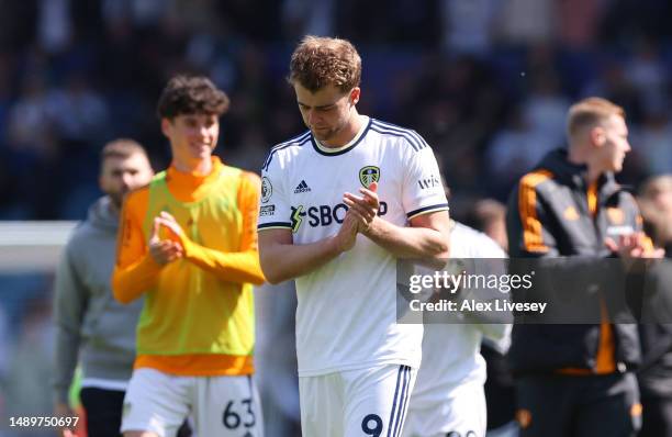 Patrick Bamford of Leeds United applauds the fans after the draw during the Premier League match between Leeds United and Newcastle United at Elland...