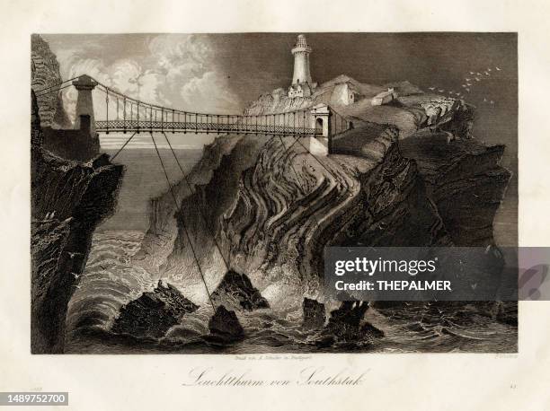 the lighthouse on south stack, wales engraving illustration 1855 - anglesey stock illustrations