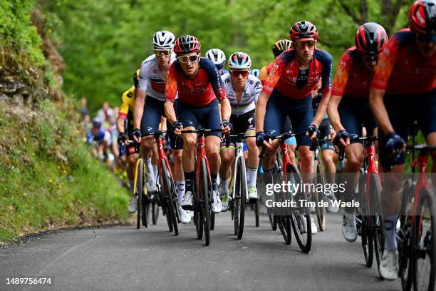 Thymen Arensman of The Netherlands - White best young jersey, Geraint Thomas of The United Kingdom and Team INEOS Grenadiers, Remco Evenepoel of...