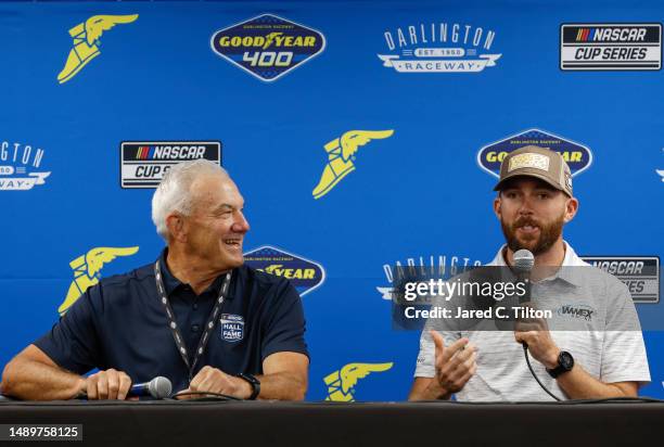 Cup Series driver, Ross Chastain and NASCAR Hall of Famer Dale Jarrett speak to the media during a press conference at Darlington Raceway on May 13,...