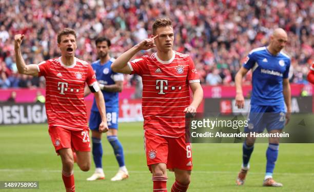 Joshua Kimmich of FC Bayern Munich celebrates after scoring the team's second goal during the Bundesliga match between FC Bayern München and FC...