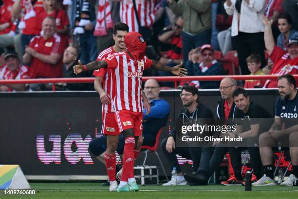 Sheraldo Becker of 1.FC Union Berlin celebrates after scoring the team's second goal during the Bundesliga match between 1. FC Union Berlin and...