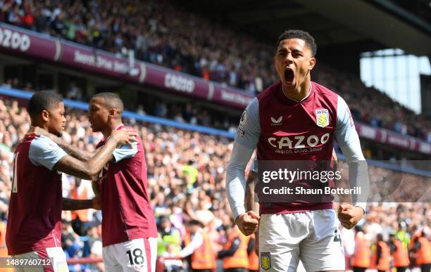 Jacob Ramsey of Aston Villa celebrates after scoring the team's first goal during the Premier League match between Aston Villa and Tottenham Hotspur...