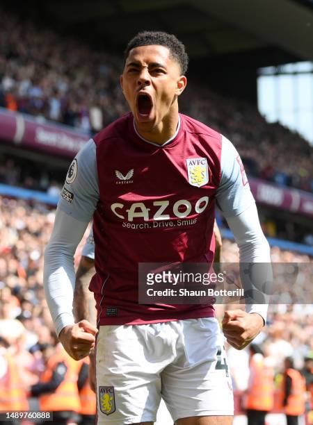 Jacob Ramsey of Aston Villa celebrates after scoring the team's first goal during the Premier League match between Aston Villa and Tottenham Hotspur...