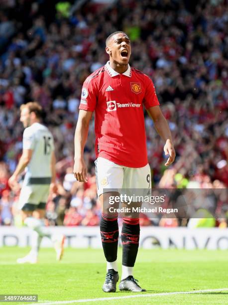 Anthony Martial of Manchester United celebrates after scoring the team's first goal during the Premier League match between Manchester United and...