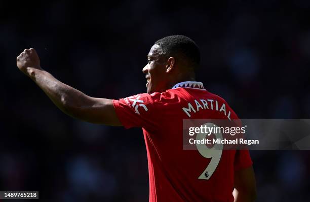 Anthony Martial of Manchester United celebrates after scoring the team's first goal during the Premier League match between Manchester United and...