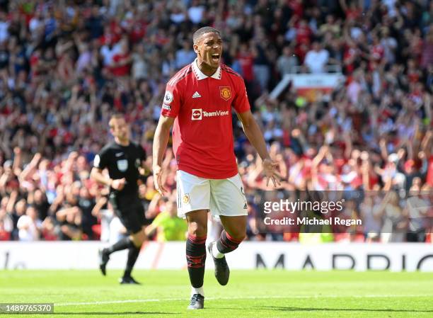 Anthony Martial of Manchester United celebrates after scoring the team's first goal during the Premier League match between Manchester United and...