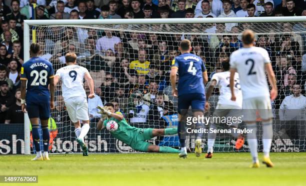 Newcastle United Goalkeeper Nick Pope saves Patrick Bamford of Leeds United attempt at a penalty during the Premier League match between Leeds United...