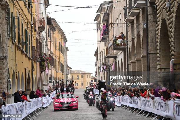 General view of Ben Healy of Ireland and Team EF Education-EasyPost competes in the breakaway passing through a I Cappuccini village during the 106th...