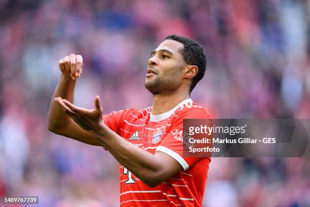 Serge Gnabry of Bayern celebrates after scoring his team's third goal during the Bundesliga match between FC Bayern München and FC Schalke 04 at...