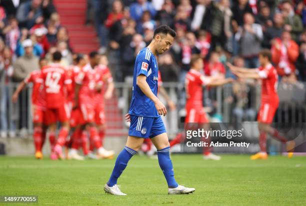 Maya Yoshida of FC Schalke 04 looks dejected during the Bundesliga match between FC Bayern München and FC Schalke 04 at Allianz Arena on May 13, 2023...