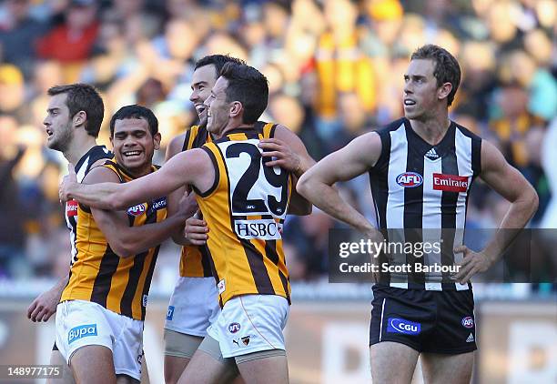 The Hawks celebrate after Jordan Lewis kicked a goal as Magpies captain Nick Maxwell looks on during the round 17 AFL match between the Collingwood...