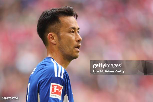 Maya Yoshida of FC Schalke 04 reacts during the Bundesliga match between FC Bayern München and FC Schalke 04 at Allianz Arena on May 13, 2023 in...