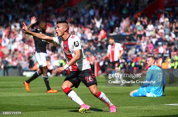 Carlos Alcaraz of Southampton reacts after scoring a goal, which is dissallowed following an offside decision, during the Premier League match...