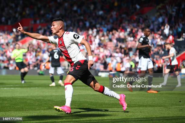 Carlos Alcaraz of Southampton reacts after scoring a goal, which is dissallowed following an offside decision, during the Premier League match...