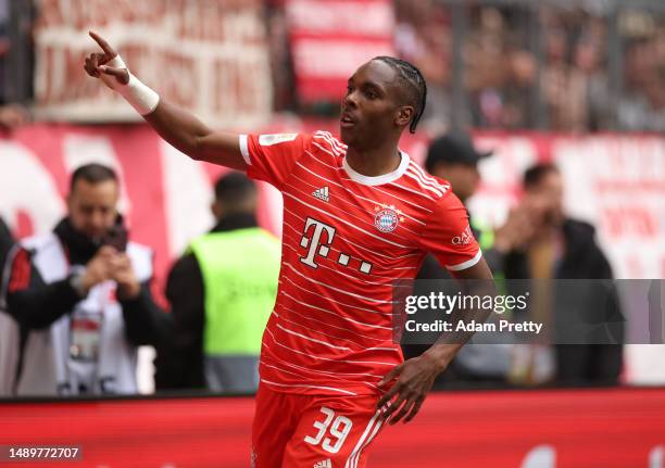 Mathys Tel of FC Bayern Munich celebrates after scoring the team's fifth goal during the Bundesliga match between FC Bayern München and FC Schalke 04...