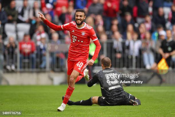 Noussair Mazraoui of FC Bayern Munich celebrates after scoring the team's sixth goal during the Bundesliga match between FC Bayern München and FC...