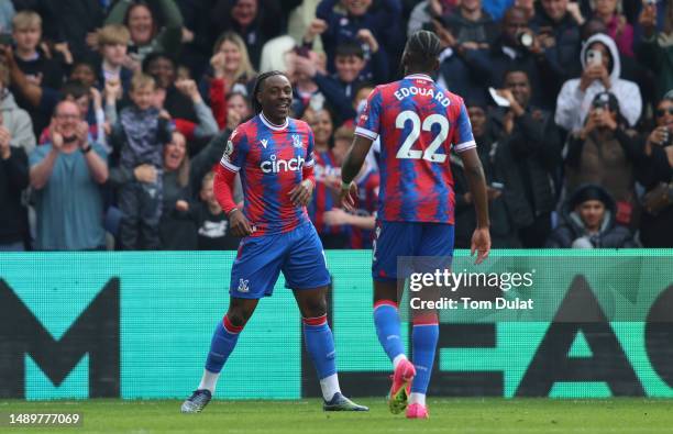 Eberechi Eze of Crystal Palace celebrates with teammate Odsonne Edouard after scoring the team's second goal during the Premier League match between...