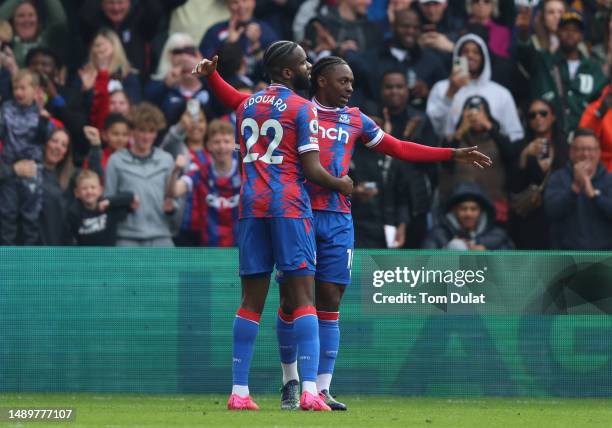 Eberechi Eze of Crystal Palace celebrates with teammate Odsonne Edouard after scoring the team's second goal during the Premier League match between...