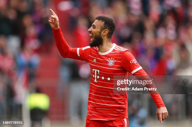 Noussair Mazraoui of FC Bayern Munich celebrates after scoring the team's sixth goal during the Bundesliga match between FC Bayern München and FC...