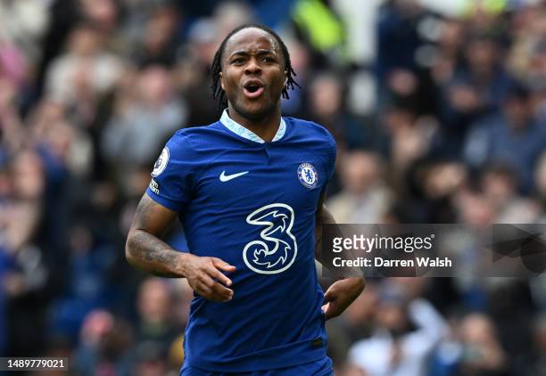 Raheem Sterling of Chelsea celebrates after scoring the team's second goal during the Premier League match between Chelsea FC and Nottingham Forest...