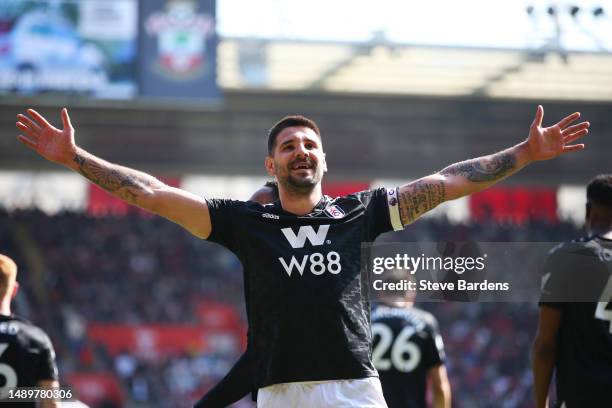 Aleksandar Mitrovic of Fulham celebrates after scoring the team's second goal during the Premier League match between Southampton FC and Fulham FC at...