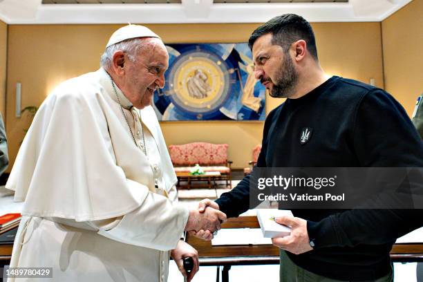 Pope Francis meets with Ukrainian President Volodymyr Zelensky at the Studio of Paul VI Hall on May 13, 2023 in Vatican City, Vatican.