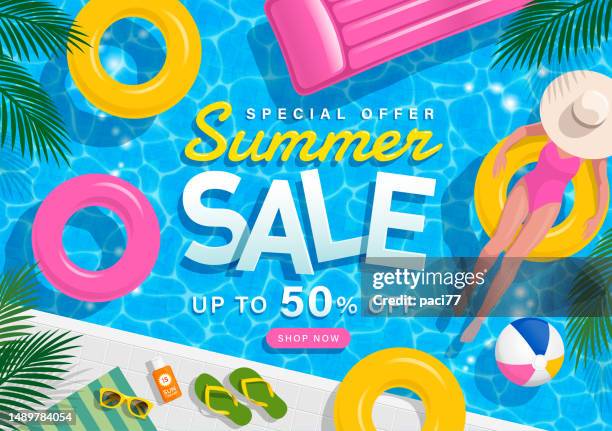 summer sale with girl on rubber ring in swimming pool - summer sale stock illustrations