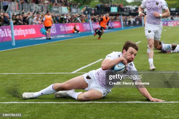 James Ramm of Northampton Saints scores the team's second try during the Gallagher Premiership Semi-Final match between Saracens and Northampton...