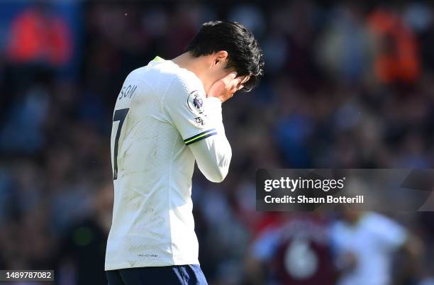 Son Heung-Min of Tottenham Hotspur looks dejected following the team's defeat during the Premier League match between Aston Villa and Tottenham...