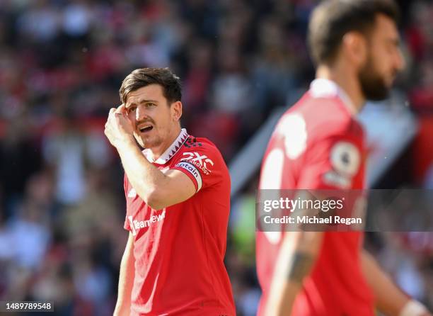 Harry Maguire of Manchester United looks on after the Premier League match between Manchester United and Wolverhampton Wanderers at Old Trafford on...