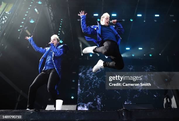 Jedward performs at the Eurovision Village ahead of the Eurovision Song Contest Grand Final on May 13, 2023 in Liverpool, England.