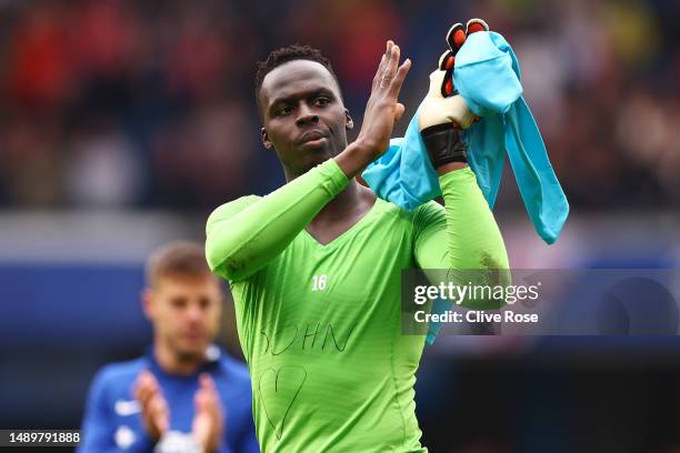 Edouard Mendy of Chelsea applauds the fans after the draw during the Premier League match between Chelsea FC and Nottingham Forest at Stamford Bridge...