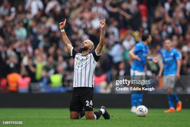 John Bostock of Notts County celebrates after John Bostock of Notts County scores the team's first goal during the Vanarama National League Play-Off...