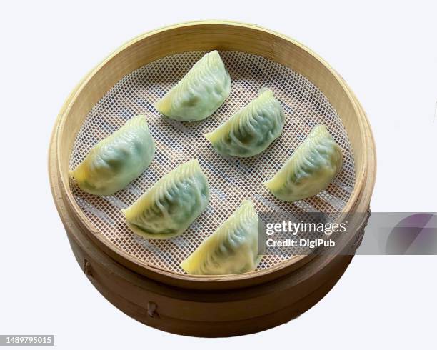 steamed chive dumplings, mushi-gyoza isolated against white background - momo stock pictures, royalty-free photos & images