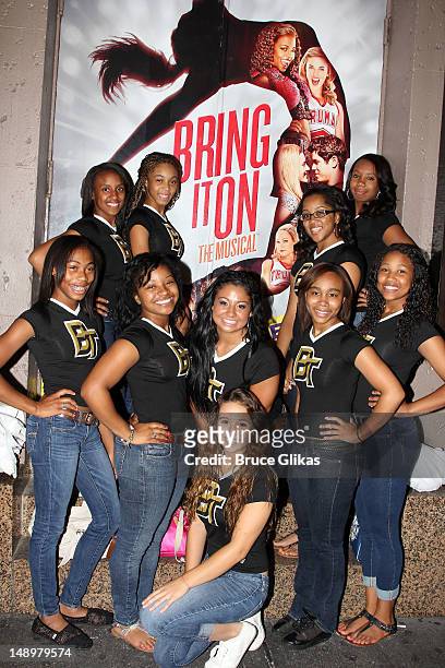 Members of the 2012 UCA National High School Cheerleading Champions from Burlington Township High School pose backstage at the hit musical "Bring It...