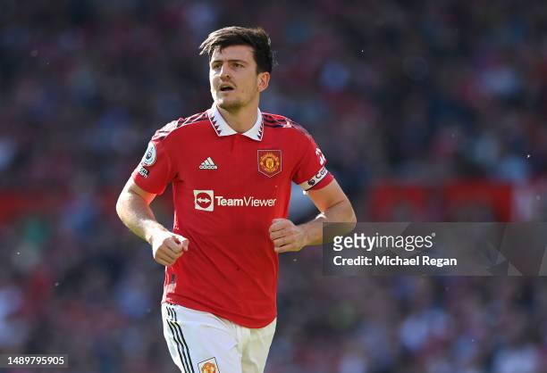 Harry Maguire of Manchester United on action during the Premier League match between Manchester United and Wolverhampton Wanderers at Old Trafford on...