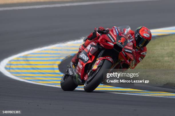 Francesco Bagnaia of Italy and Ducati Lenovo Team rounds the bend during the MotoGP Of France - Qualifying on May 13, 2023 in Le Mans, France.