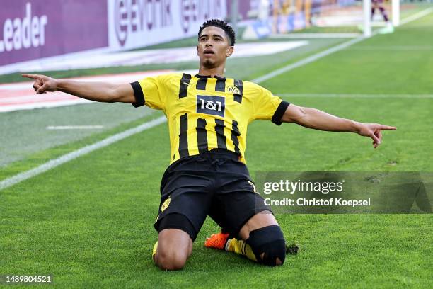 Jude Bellingham of Borussia Dortmund celebrates after scoring the team's second goal during the Bundesliga match between Borussia Dortmund and...