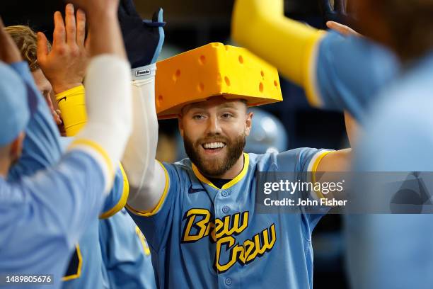 Owen Miller of the Milwaukee Brewers celebrates after hitting a home run against the Kansas City Royals at American Family Field on May 12, 2023 in...