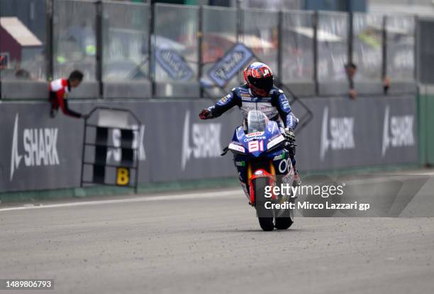 Jordi Torres of Spain and Openbank Aspar Team celebrates the victory during the MotoE race 1 during the MotoGP Of France - Qualifying on May 13, 2023...