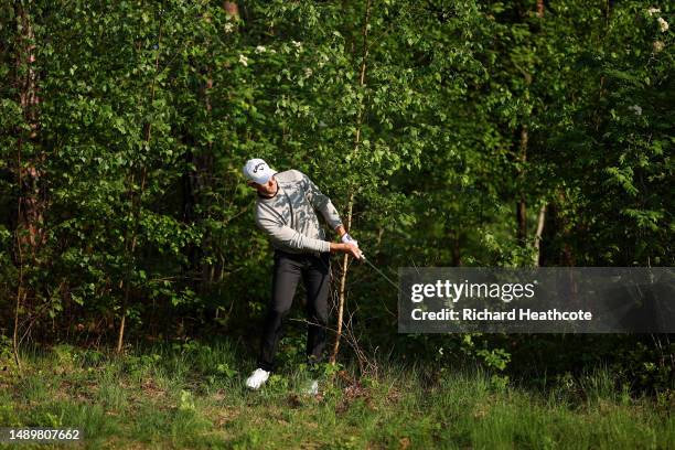 Thomas Detry of Belgium plays from in a bush on the 17th during Day Three of the Soudal Open at Rinkven International Golf Club on May 13, 2023 in...