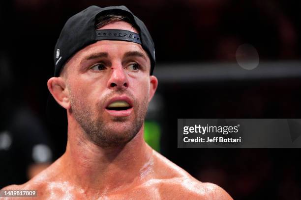 Cody Stamann reacts after his catchweight fight against Douglas Silva de Andrade of Brazil during the UFC Fight Night event at Spectrum Center on May...