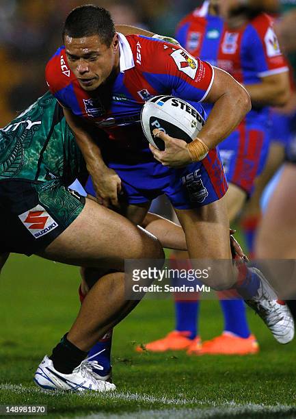 Timana Tahu of the Knights in action during the round 20 NRL match between the Warriors and the Newcastle Knights at Mt Smart Stadium on July 21,...
