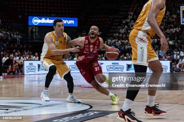 Shavon Shields, #31 of EA7 Emporio Armani Olimpia Milano, dribbles the ball during Game One of the Quarterfinals of LBA Lega Basket Serie A Playoffs...
