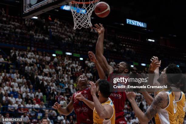 Players compete for rebound during Game One of the Quarterfinals of LBA Lega Basket Serie A Playoffs between EA7 Emporio Armani Olimpia Milano and...