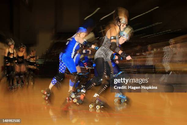 Evilicious Diva of Comic Slams competes with Skanda Lass of Smash Malice during the Richter City Roller Derby Season Grand Final at TSB Arena on July...