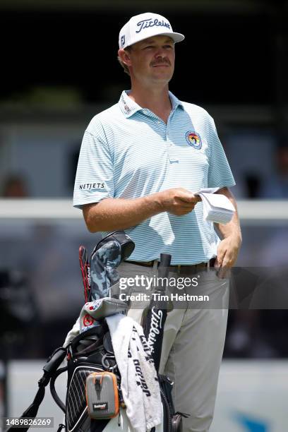 Patton Kizzire of the United States looks on from the 17th tee during the third round of the AT&T Byron Nelson at TPC Craig Ranch on May 13, 2023 in...